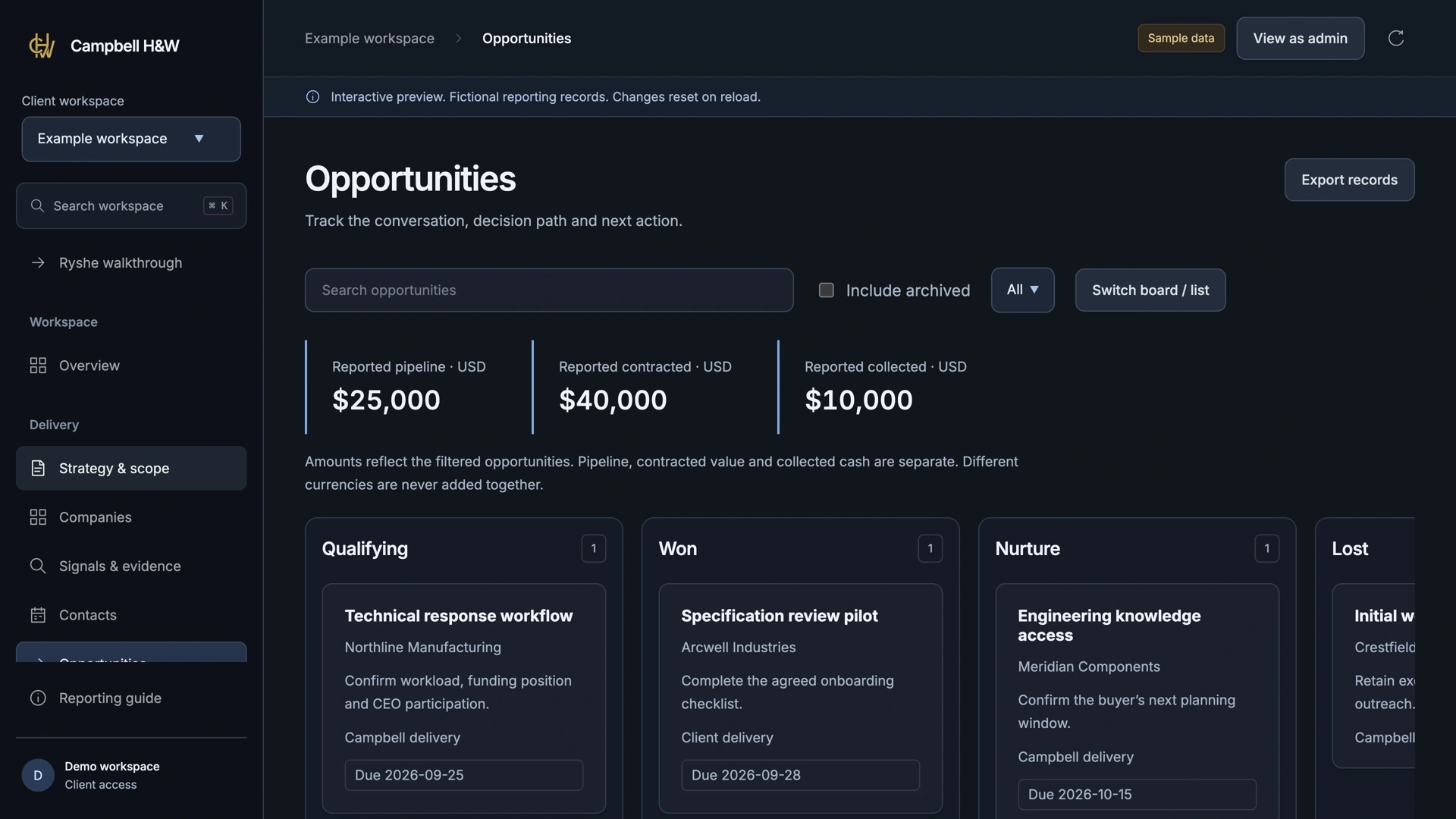 Campbell client dashboard showing opportunity stage and next action, with numbered highlights.
