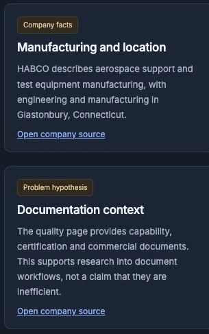 Close-up of the same dashboard's source evidence and buying context fields.