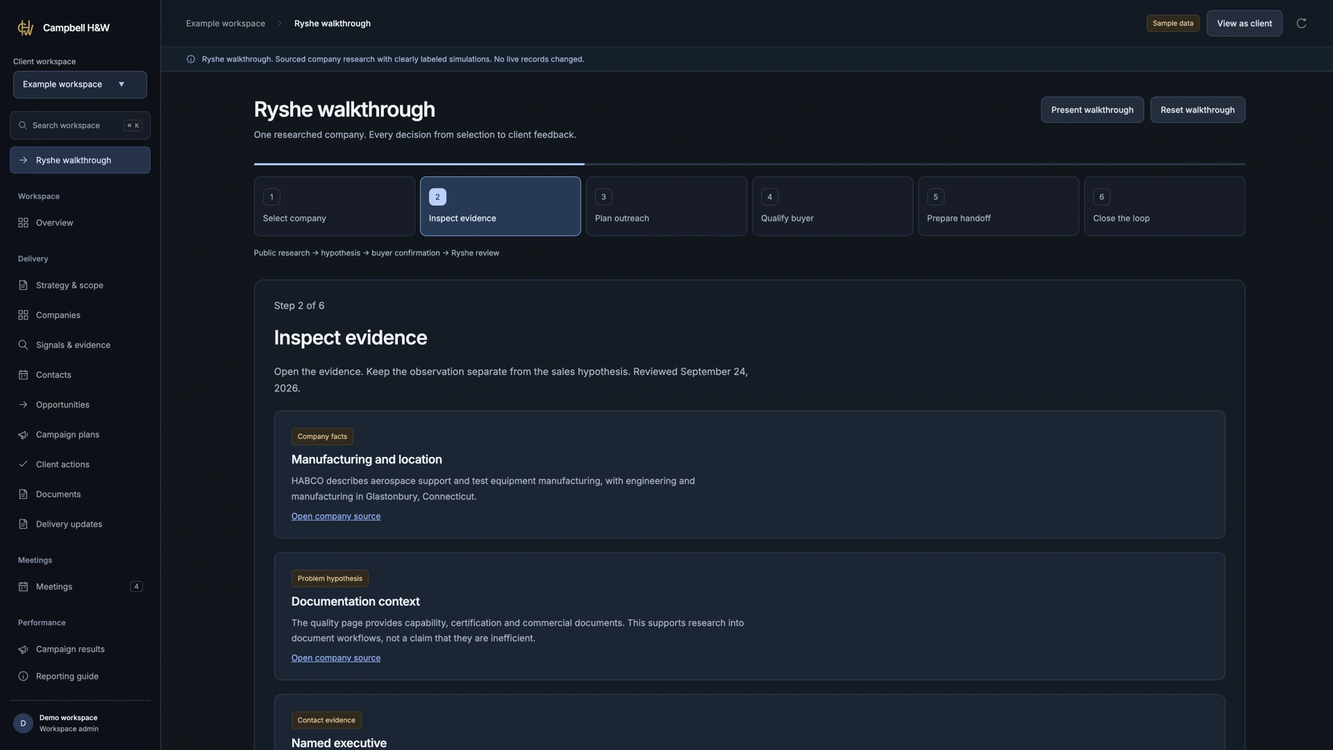 Campbell client dashboard showing source evidence and buying context, with numbered highlights.